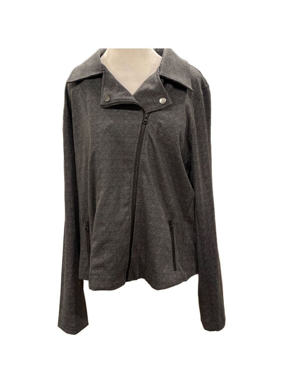 NYDJ L asymmetrical zip herringbone fitted stretch jacket with zip pockets